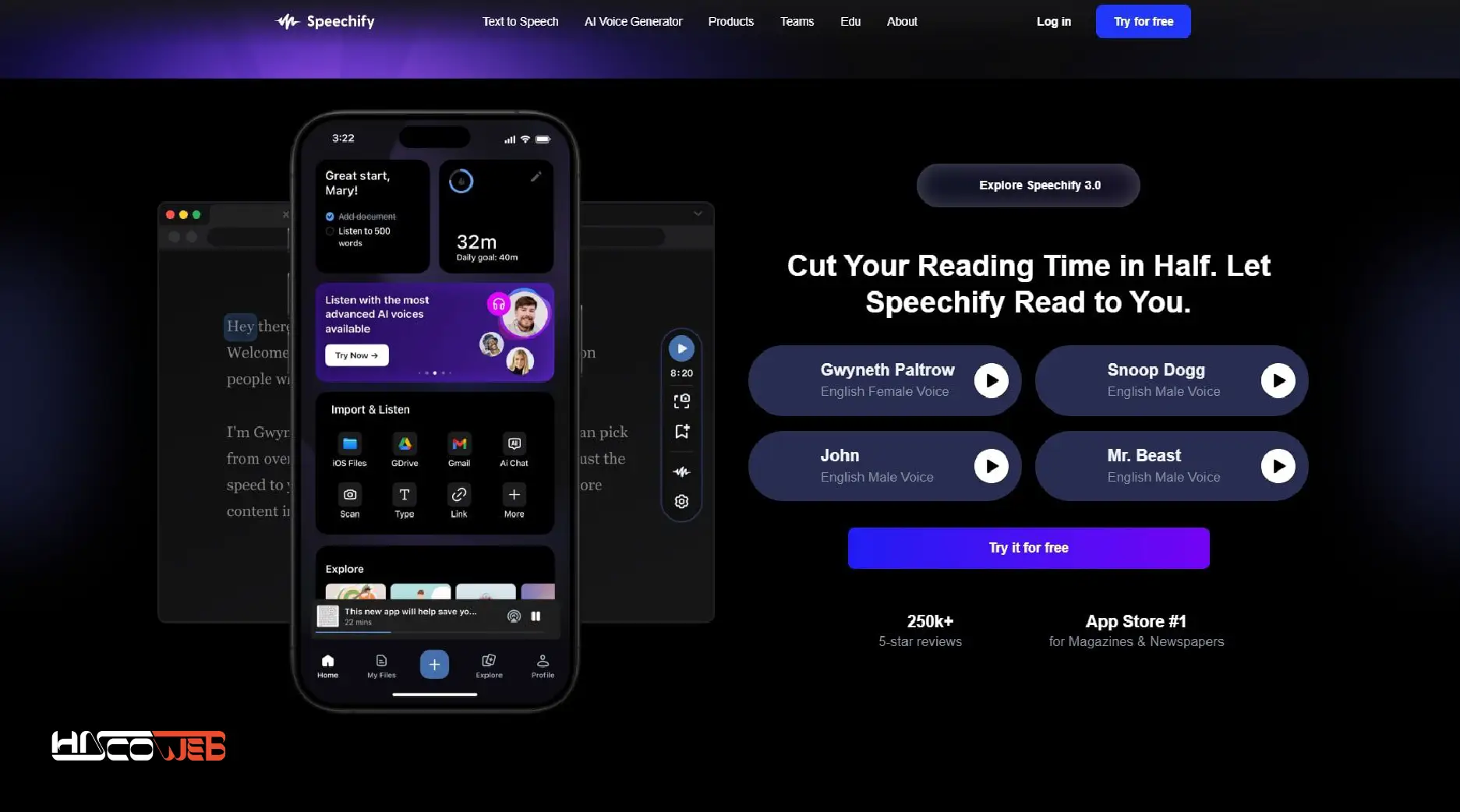 2. Speechify: بهترین تغییر دهنده صدای هوش مصنوعی برای خواندن متن